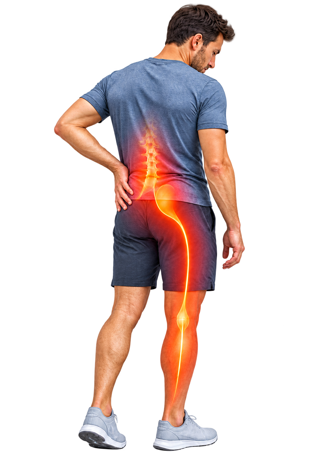 Illustration of the lower back and the path of the sciatic nerve.